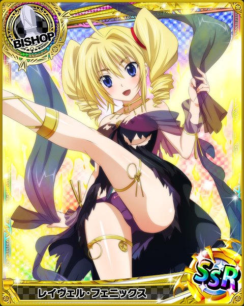 Anime picture 640x800 with highschool dxd ravel phenex single long hair tall image looking at viewer blush open mouth blue eyes light erotic blonde hair twintails torn clothes drill hair card (medium) girl dress underwear panties black dress