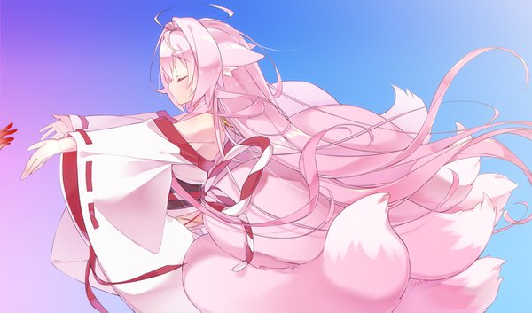 Anime picture 1403x827 with original shaneru single blush fringe simple background wide image bare shoulders signed animal ears pink hair upper body ahoge tail eyes closed long sleeves very long hair traditional clothes japanese clothes animal tail