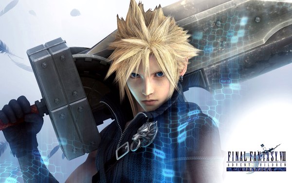 Anime picture 1920x1200 with final fantasy vii advent children final fantasy final fantasy vii square enix cloud strife highres short hair blue eyes blonde hair wide image realistic boy gloves weapon earrings huge weapon huge sword