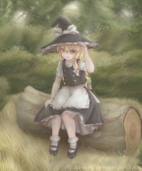 Anime picture 1000x1200 with touhou kirisame marisa novcel long hair tall image blonde hair sitting yellow eyes looking away witch girl dress skirt bow plant (plants) socks white socks apron grass witch hat