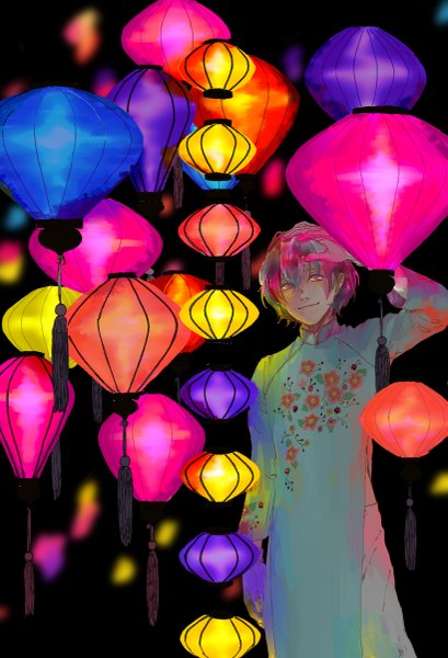 Anime picture 819x1200 with dramatical murder nitro+chiral clear (dmmd) tagme (artist) single tall image short hair smile traditional clothes grey hair mole grey eyes chinese clothes hand on head glow traditional media watercolor (medium) boy flower (flowers) lantern
