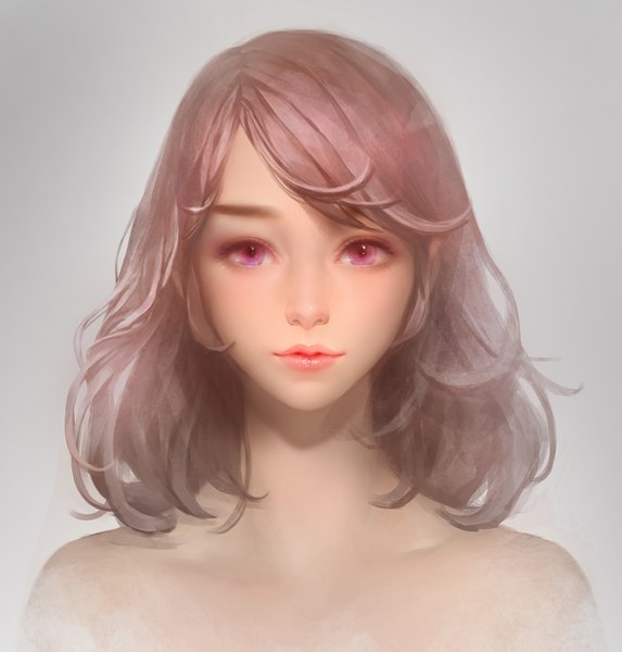 Anime picture 1500x1571 with original orry single tall image looking at viewer fringe short hair purple eyes bare shoulders pink hair nude lips realistic grey background lipstick portrait eyeshadow pink lipstick makeup girl