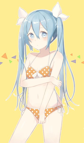 Anime picture 847x1431 with vocaloid hatsune miku nagitoki single long hair tall image looking at viewer blush blue eyes simple background twintails blue hair polka dot yellow background girl bow swimsuit hair bow bikini polka dot bikini