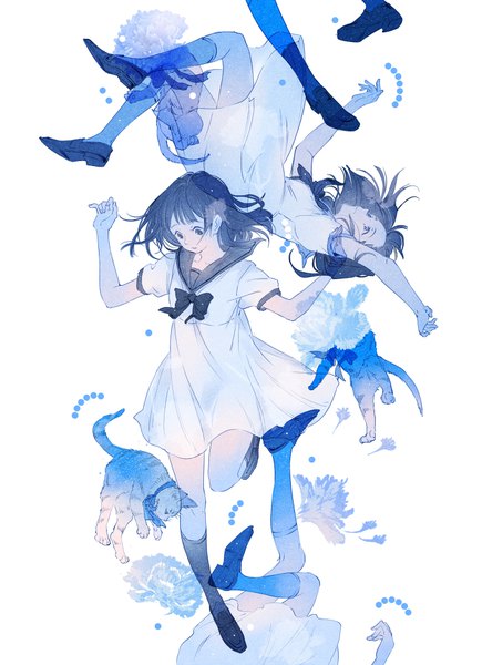 Anime picture 700x964 with original ajimita tall image fringe short hair black hair white background black eyes spread arms upside down sailor collar multiple persona girl flower (flowers) animal socks shoes cat loafers sailor dress