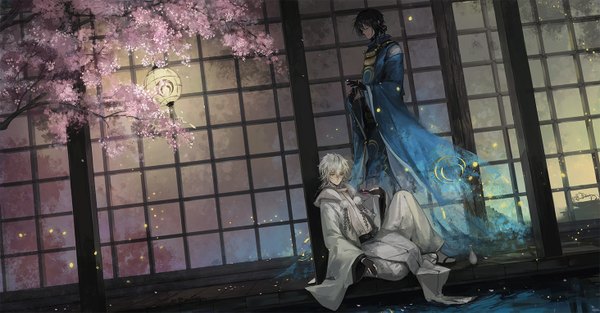 Anime picture 1464x765 with touken ranbu nitroplus tsurumaru kuninaga mikazuki munechika chchick short hair smile wide image sitting yellow eyes looking away full body eyes closed traditional clothes head tilt japanese clothes wide sleeves multiple boys cherry blossoms boy