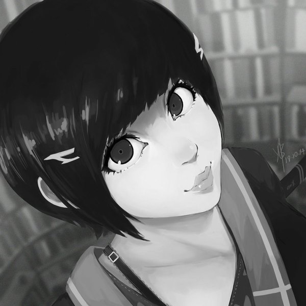 Anime picture 900x900 with guweiz single looking at viewer fringe short hair black hair signed light smile from above lips black eyes monochrome girl clothes