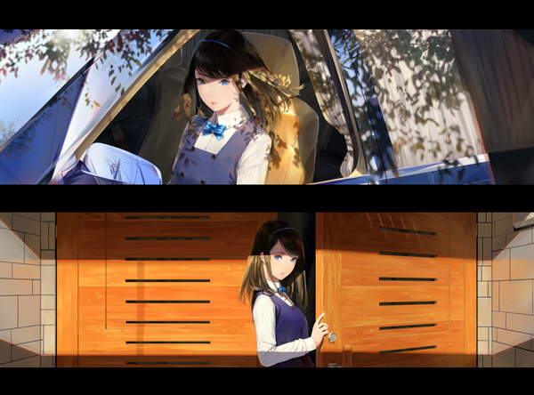 Anime picture 1200x888 with original sousou (sousouworks) long hair looking at viewer fringe blue eyes brown hair standing sitting upper body long sleeves wind sunlight shadow reflection multiview head out of frame multiple persona girl dress