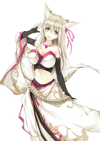 Anime picture 688x973 with original won (az hybrid) single long hair tall image looking at viewer breasts open mouth blonde hair large breasts bare shoulders brown eyes animal ears cleavage midriff fox ears pale skin girl skirt gloves