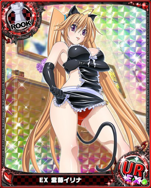 Anime picture 640x800 with highschool dxd shidou irina single tall image looking at viewer breasts light erotic brown hair purple eyes twintails animal ears tail very long hair animal tail cat ears cat girl cat tail card (medium) girl gloves