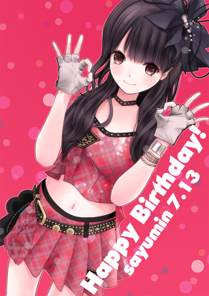 Anime picture 826x1169 with original chikuwa (odennabe) single long hair tall image looking at viewer black hair smile red eyes happy birthday ok sign girl skirt gloves navel hair ornament fingerless gloves