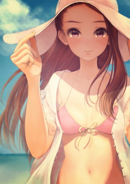 Anime picture 1240x1754 with idolmaster minase iori hohoemidebu (artist) single long hair tall image brown hair pink eyes light smile open clothes open shirt girl navel hat bikini top