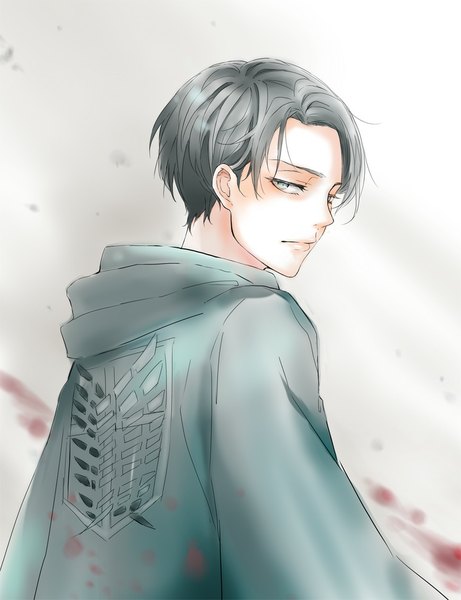 Anime picture 800x1041 with shingeki no kyojin production i.g levi (rivaille) eyokiki single tall image looking at viewer short hair black hair looking back grey background grey eyes boy cape