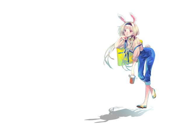 Anime picture 1600x1200 with original hiruna454 single long hair fringe blonde hair simple background red eyes standing white background holding looking away very long hair shadow bunny ears looking down bunny girl bunny tail girl ribbon (ribbons)