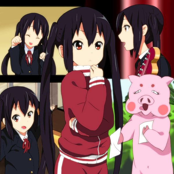 Anime picture 1000x1000 with k-on! kyoto animation nakano azusa kaiman long hair open mouth black hair red eyes twintails eyes closed multiview girl uniform school uniform animal gym uniform pig