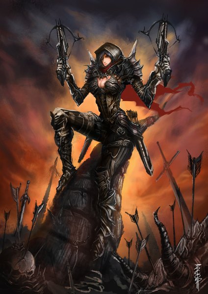 Anime picture 1414x2000 with diablo (game) blizzard entertainment badcompzero single tall image blue eyes signed blue hair evening sunset war girl weapon sword scarf armor cap skull arrow (arrows)