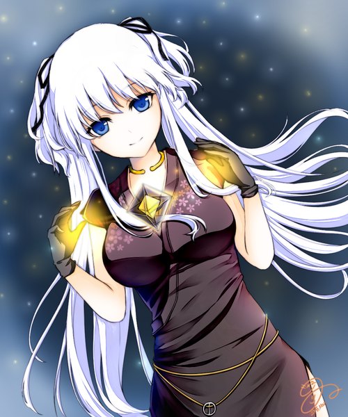 Anime picture 1000x1200 with mabinogi nao (mabinogi) umxzo single long hair tall image looking at viewer fringe blue eyes twintails signed silver hair light smile wind short sleeves dutch angle magic floral print dark background shiny
