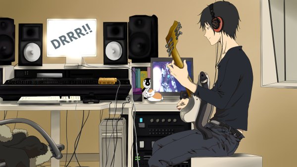 Anime picture 1280x720 with durarara!! brains base (studio) orihara izaya wide image boy headphones guitar