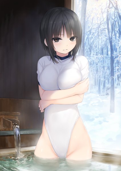 Anime picture 849x1200 with original aoyama sumika coffee-kizoku single tall image looking at viewer blush fringe short hair breasts light erotic black hair standing brown eyes outdoors parted lips short sleeves winter breast hold steam