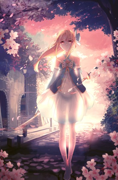 Anime picture 900x1375 with original pixiv fantasia phantania crystillia single long hair tall image looking at viewer fringe light erotic blonde hair standing bare shoulders payot sky full body outdoors pink eyes wind sunlight