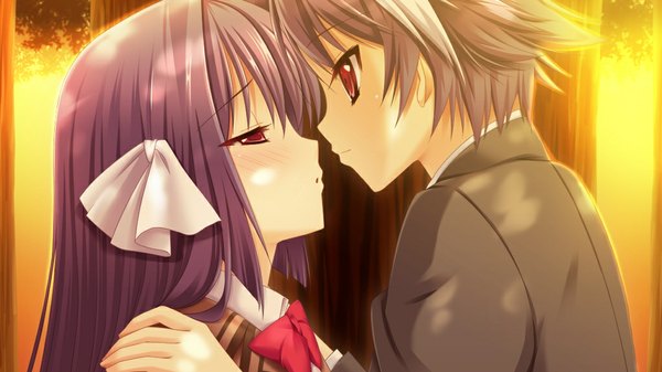 Anime picture 1024x576 with shion no ketsuzoku (game) long hair short hair red eyes wide image game cg purple hair almost kiss girl boy