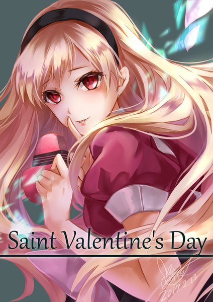 Anime picture 566x800 with original tyouya single long hair tall image looking at viewer fringe blonde hair hair between eyes red eyes signed upper body parted lips from behind short sleeves puffy sleeves turning head finger to mouth dated valentine