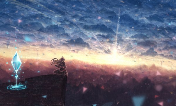 Anime picture 1300x780 with original bounin single long hair brown hair wide image sitting sky cloud (clouds) ahoge wind magic fantasy scenic morning sunrise girl dress crystal
