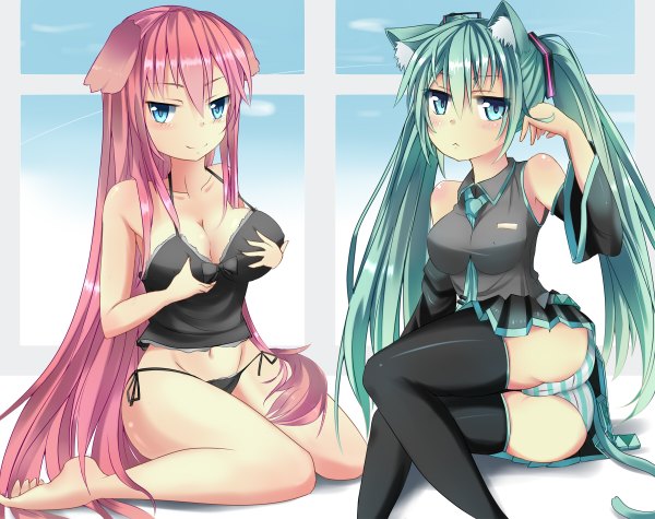 Anime picture 1200x950 with vocaloid hatsune miku megurine luka shime osamupuni long hair looking at viewer light erotic smile sitting twintails animal ears pink hair ass animal tail barefoot aqua eyes cat ears aqua hair cat girl cat tail