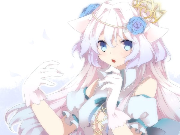 Anime picture 3000x2250 with original takeshima eku single long hair looking at viewer fringe highres breasts open mouth blue eyes simple background hair between eyes white background bare shoulders animal ears upper body white hair multicolored hair hair flower two-tone hair