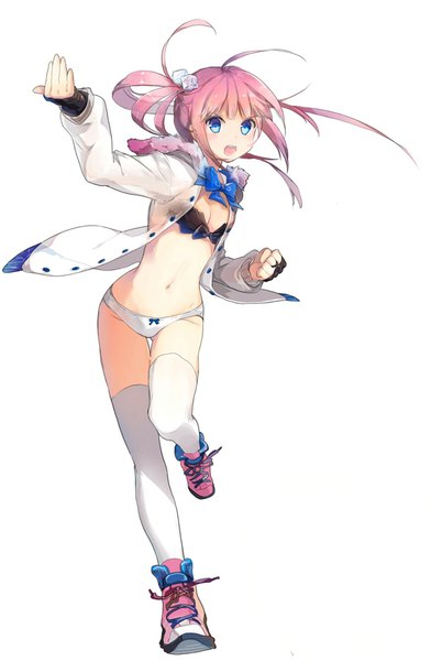 Anime picture 1280x1957 with original anmi single long hair tall image open mouth blue eyes light erotic simple background white background pink hair midriff legs fighting stance girl thighhighs gloves navel hair ornament underwear