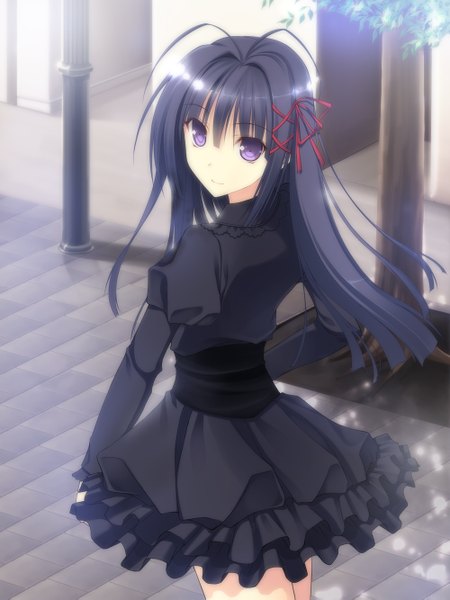 Anime picture 1000x1333 with tsuki ni yorisou otome no sahou kokura asahi takepon (artist) single long hair tall image black hair purple eyes looking back otoko no ko dress boy ribbon (ribbons) hair ribbon