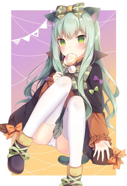 Anime picture 1000x1454 with original nachi single long hair tall image looking at viewer blush fringe light erotic hair between eyes holding green eyes animal ears bent knee (knees) tail long sleeves animal tail green hair cat ears cat girl