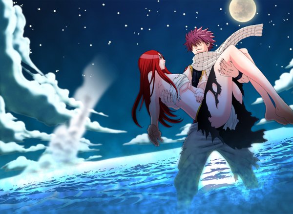 Anime picture 1280x935 with fairy tail erza scarlet natsu dragneel long hair short hair breasts light erotic large breasts standing bare shoulders pink hair sky full body outdoors red hair profile barefoot wind night night sky