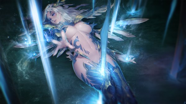 Anime picture 1920x1080 with dota 2 (game) vengeful spirit (dota 2) instant-ip single long hair highres breasts blue eyes light erotic wide image large breasts white hair lying parted lips bare belly outstretched arm glow girl navel bodysuit