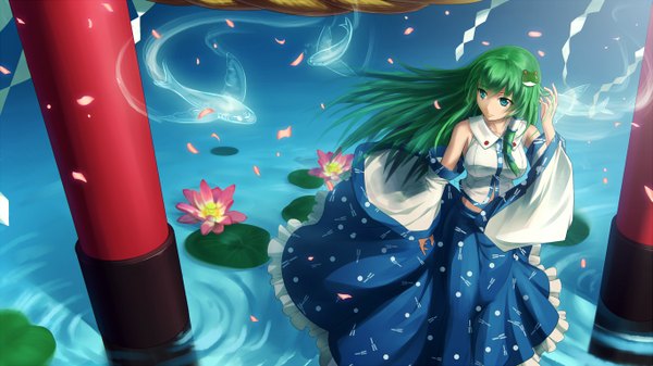 Anime picture 1365x768 with touhou kochiya sanae xiaoyin li single long hair blue eyes wide image looking away green hair wind girl hair ornament flower (flowers) detached sleeves animal petals water hairclip fish (fishes) hair tubes
