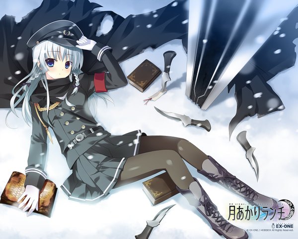 Anime picture 1600x1280 with tsukiakari lunch takashina masato single long hair blue eyes white hair snowing winter snow double buttons girl uniform weapon pantyhose sword boots book (books) buttons military uniform knife