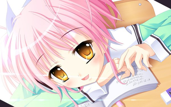 Anime picture 1280x800 with original mine (1-1-1) long hair looking at viewer blush open mouth wide image yellow eyes pink hair girl uniform school uniform notebook