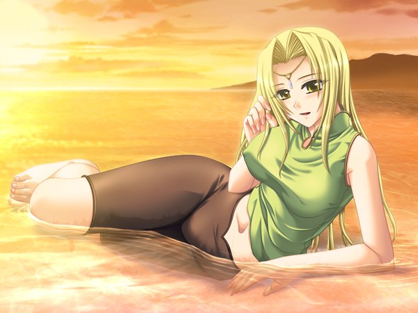 Anime picture 1200x900 with mine fukaki se ni tayutau uta light erotic blonde hair yellow eyes game cg erect nipples beach covered nipples girl water sea