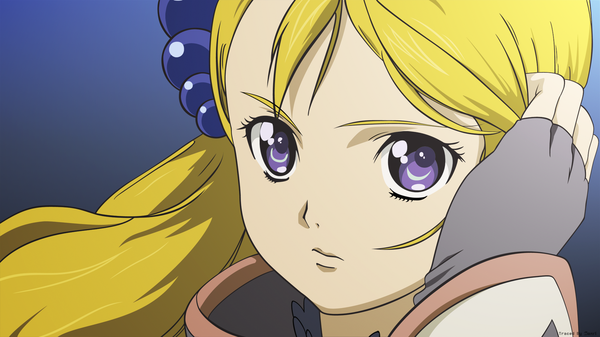 Anime picture 1920x1080 with simoun yun (simoun) single long hair highres blonde hair purple eyes adjusting hair close-up girl fingerless gloves