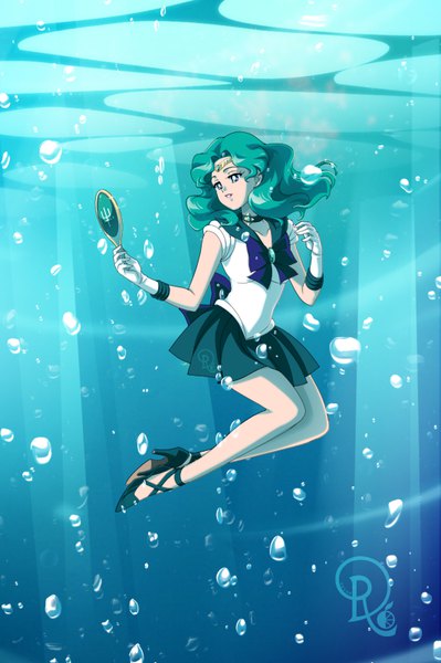 Anime picture 533x800 with bishoujo senshi sailor moon toei animation kaiou michiru sailor neptune drachea rannak single long hair tall image blue eyes signed looking away full body bent knee (knees) sunlight aqua hair turning head wavy hair underwater lacing sunbeam