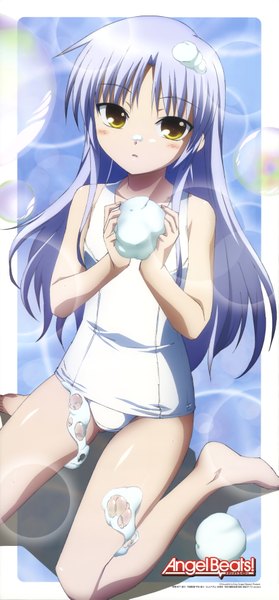 Anime picture 3306x7097 with angel beats! key (studio) tachibana kanade miyashita yuuji single long hair tall image blush highres simple background sitting yellow eyes absurdres silver hair inscription snow girl bubble (bubbles) suds white school swimsuit