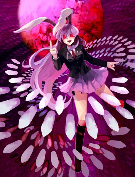 Anime picture 731x961 with touhou reisen udongein inaba oburaato single long hair tall image looking at viewer open mouth red eyes animal ears purple hair pleated skirt bunny ears magic bunny girl red moon girl skirt weapon moon