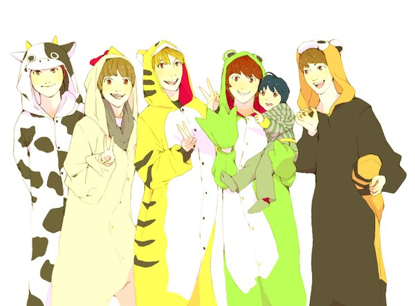 Anime picture 1500x1108 with shinee (group) taemin onew (shinee) jonghyun minho short hair open mouth black hair simple background blonde hair smile brown hair white background holding brown eyes yellow eyes red hair tail horn (horns) orange hair