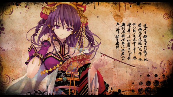Anime picture 1920x1080 with beatmania misaki kurehito highres wide image purple eyes purple hair japanese clothes girl hair ornament