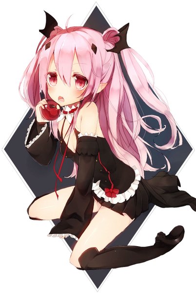 Anime picture 1072x1600 with owari no seraph wit studio kururu tepes gijxgij single long hair tall image looking at viewer blush fringe open mouth simple background hair between eyes white background sitting bare shoulders holding payot pink hair full body