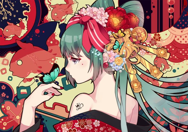 Anime picture 1240x874 with vocaloid hatsune miku eve kurigoyu single long hair fringe bare shoulders payot nail polish traditional clothes japanese clothes profile aqua hair mole grey eyes red nail polish butterfly on hand seigaiha girl hair ornament