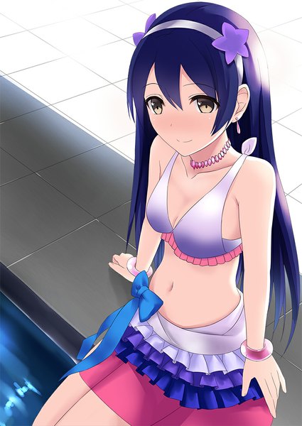 Anime picture 733x1035 with love live! school idol project sunrise (studio) love live! sonoda umi single long hair tall image blush smile bare shoulders cleavage sunlight bare belly checkered floor sunbeam poolside girl skirt navel swimsuit