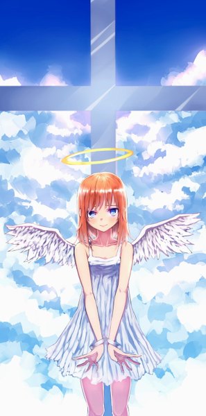 Anime picture 744x1500 with gintama sunrise (studio) kagura (gintama) siqi (miharuu) single tall image looking at viewer fringe short hair blue eyes standing sky cloud (clouds) light smile angel wings white wings girl dress wings white dress