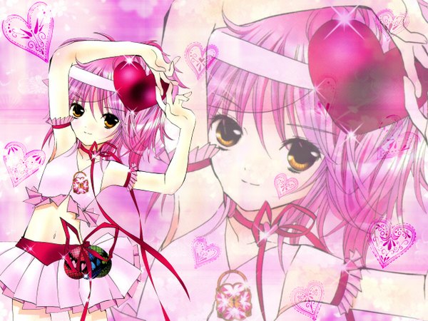 Anime picture 1280x960 with shugo chara! hinamori amu amulet heart single short hair smile bare shoulders pink hair armpit (armpits) orange eyes zoom layer girl skirt bow ribbon (ribbons) heart egg