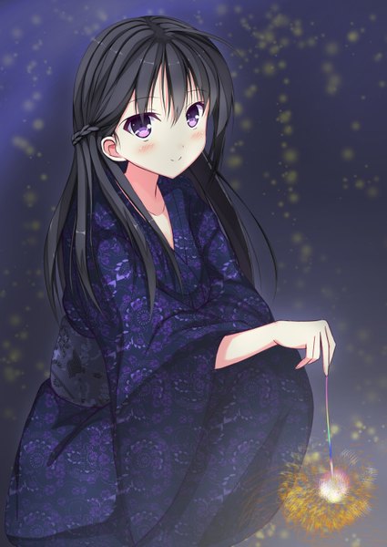 Anime picture 2165x3058 with original tukisiro nao single long hair tall image looking at viewer blush highres black hair smile purple eyes traditional clothes japanese clothes girl kimono