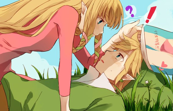 Anime picture 2500x1600 with the legend of zelda the legend of zelda: skyward sword nintendo princess zelda link kumaru long hair blush highres short hair open mouth blue eyes blonde hair smile lying pointy ears couple hieroglyph elf face to face
